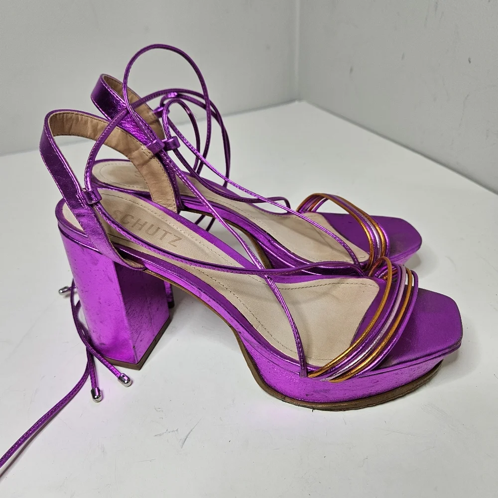 Schutz Arceli Platform in Bright Violet Metallic Ankle Tie Strap Women's 7.5